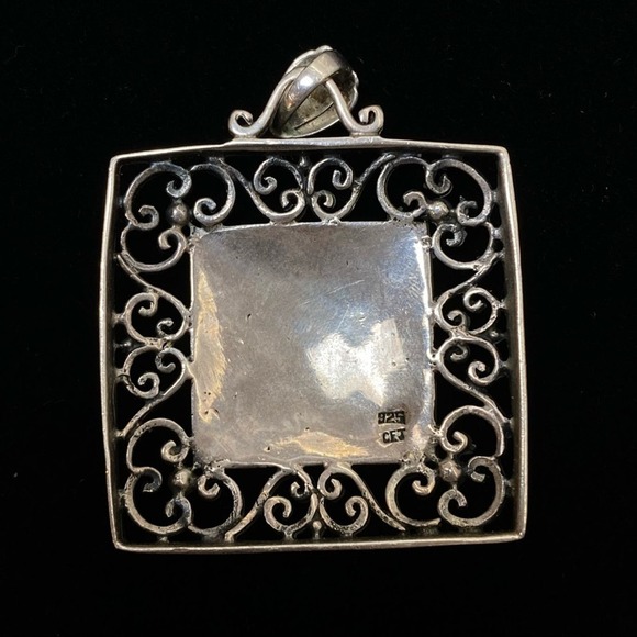 Sterling Silver Mother of Pearl Inlay Scroll Edged Pendant - Picture 2 of 2